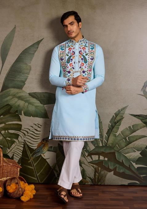 Sky Blue Embroidered Viscose Silk Kurta Set For Men