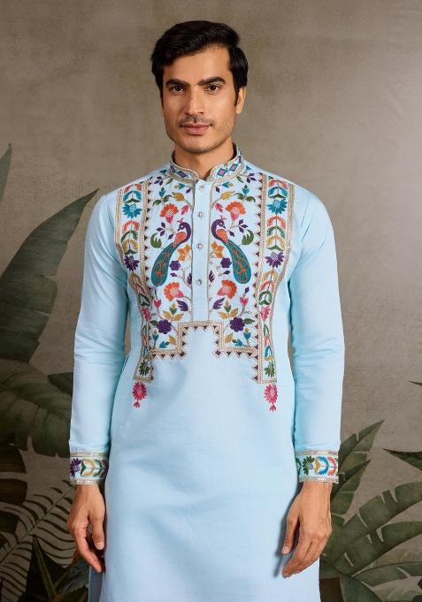 Sky Blue Embroidered Viscose Silk Kurta Set For Men