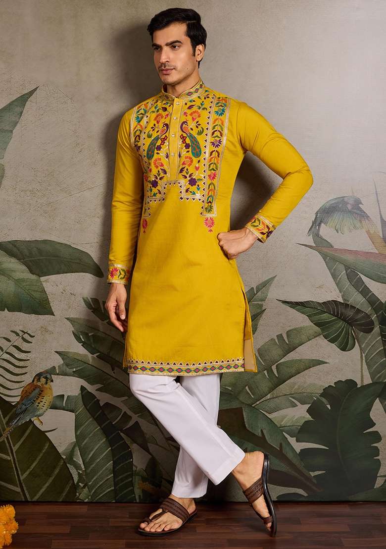 Yellow Embroidered Viscose Silk Kurta Set For Men - Indya
