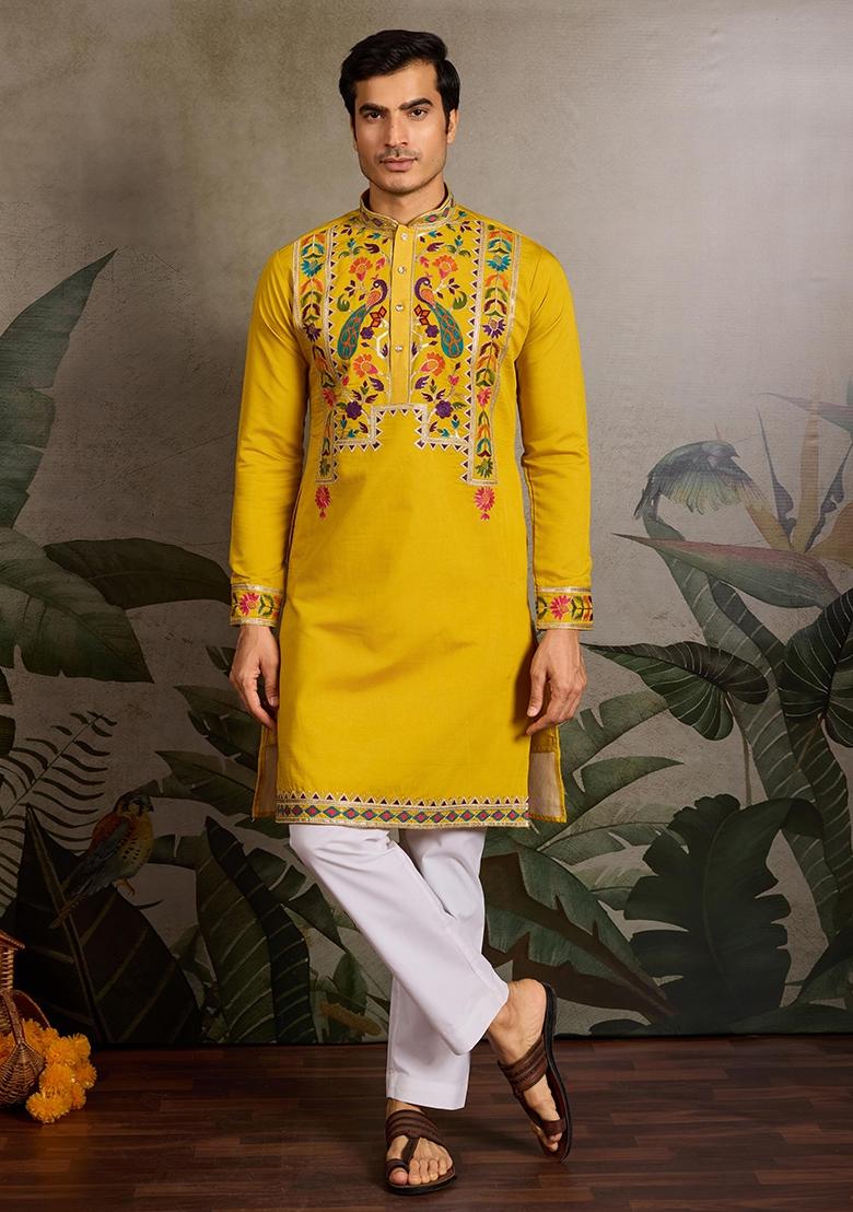 Yellow Embroidered Viscose Silk Kurta Set For Men - Indya