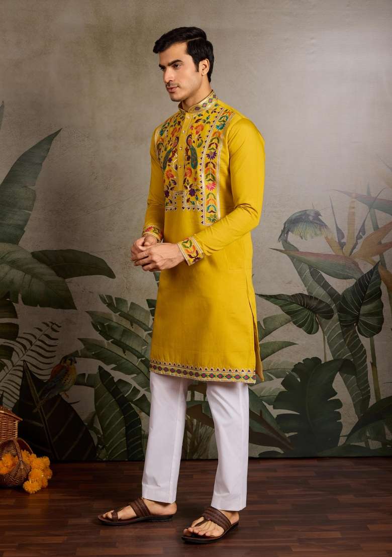 Yellow Embroidered Viscose Silk Kurta Set For Men - Indya