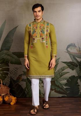 Fluorescent Green Embroidered Viscose Silk Kurta Set For Men
