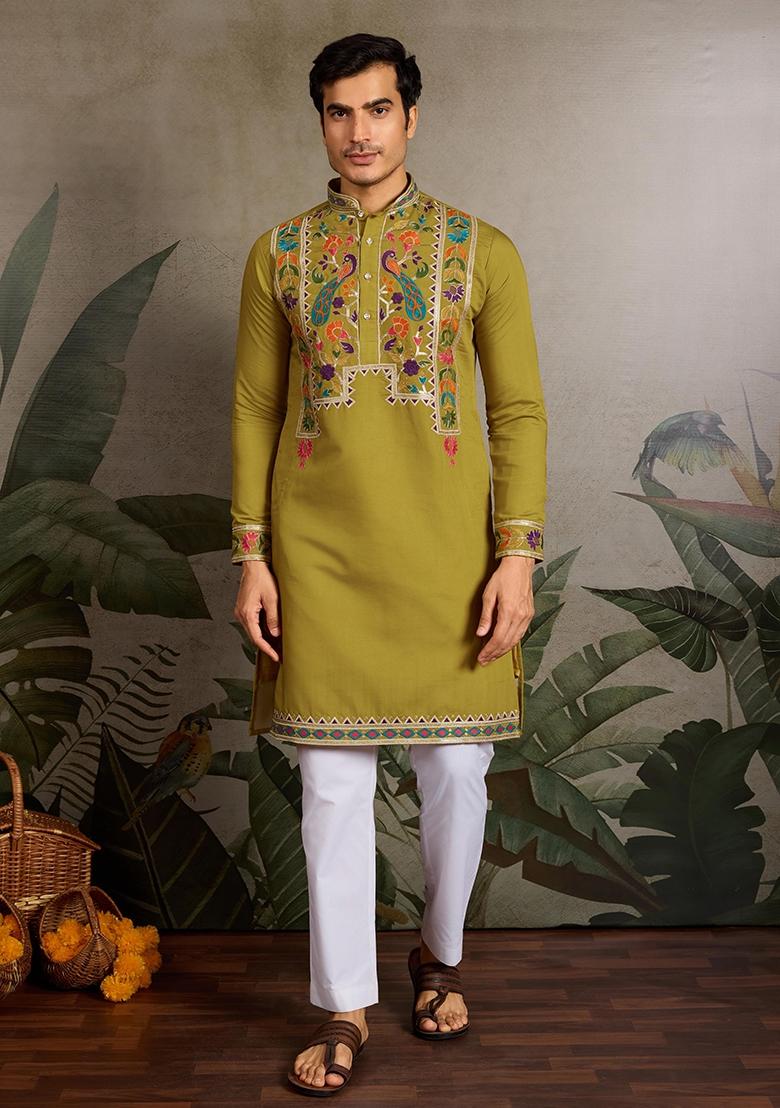 Fluorescent Green Embroidered Viscose Silk Kurta Set For Men