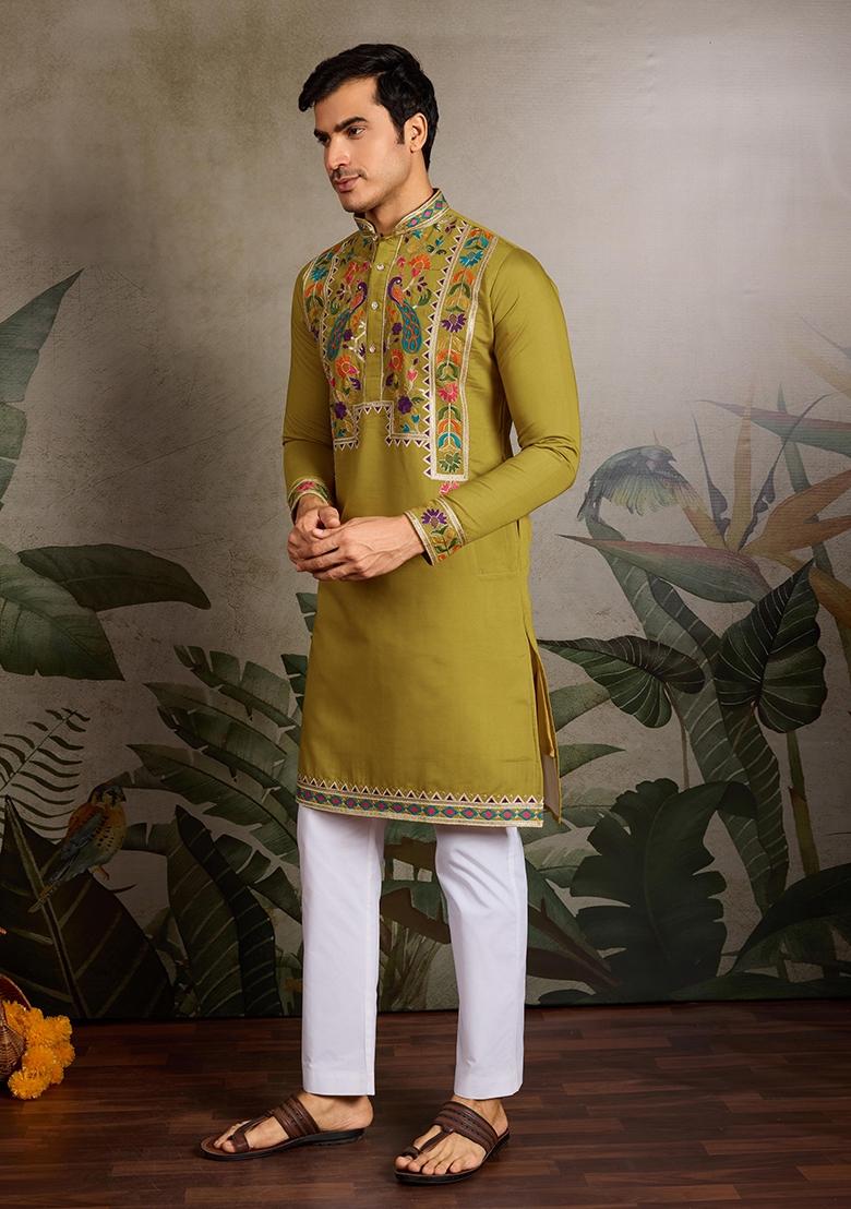 Fluorescent Green Embroidered Viscose Silk Kurta Set For Men - Indya