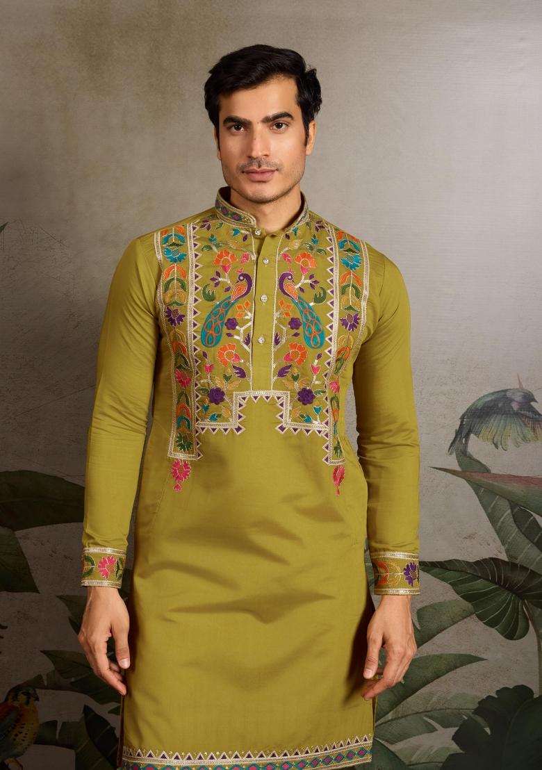 Fluorescent Green Embroidered Viscose Silk Kurta Set For Men - Indya
