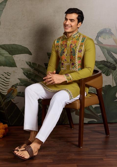 Fluorescent Green Embroidered Viscose Silk Kurta Set For Men