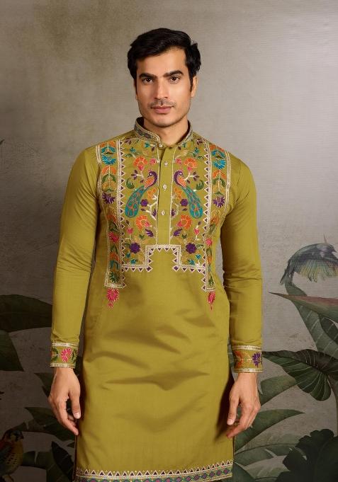 Fluorescent Green Embroidered Viscose Silk Kurta Set For Men