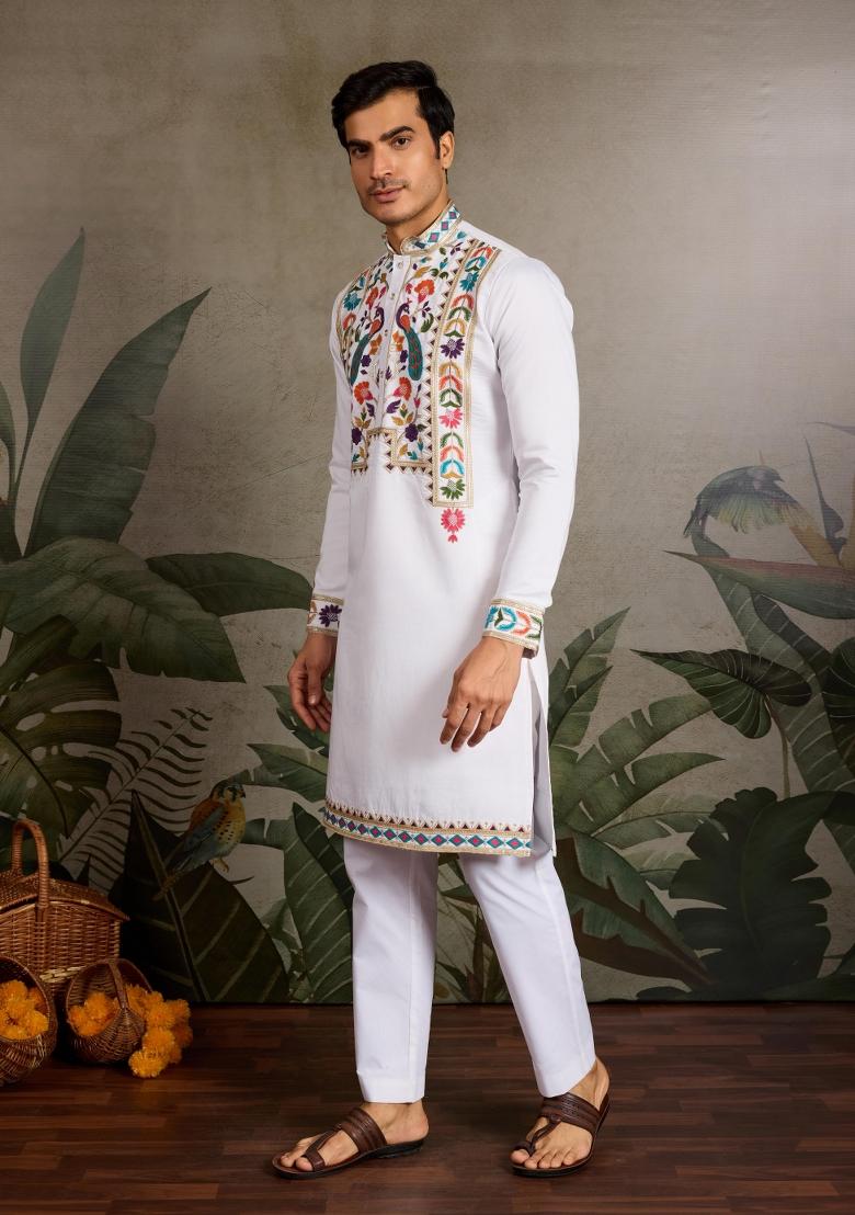 White Embroidered Viscose Silk Kurta Set For Men