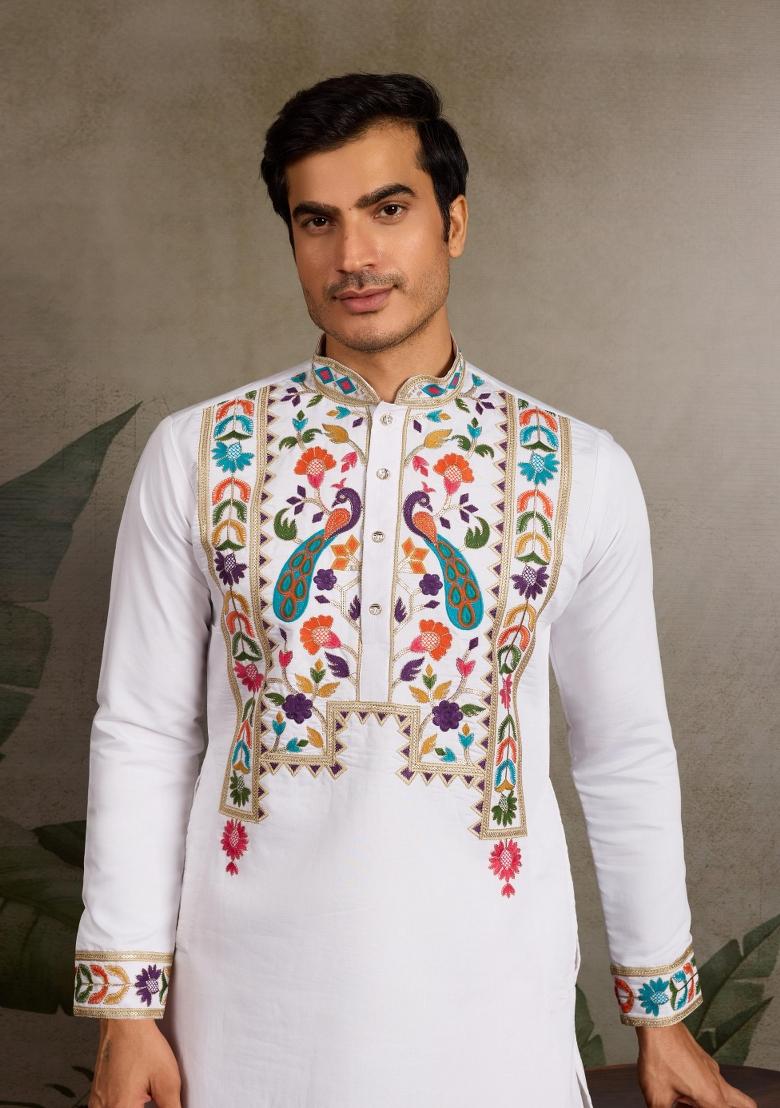 White Embroidered Viscose Silk Kurta Set For Men - Indya