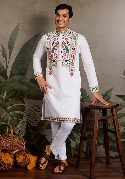 White Embroidered Viscose Silk Kurta Set For Men