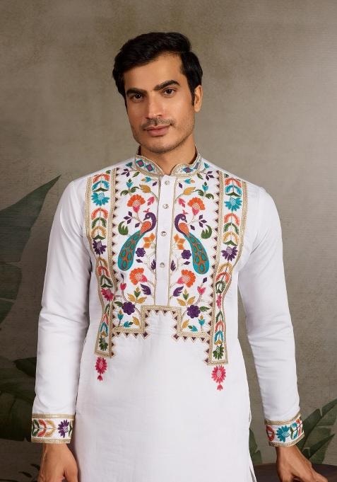 White Embroidered Viscose Silk Kurta Set For Men