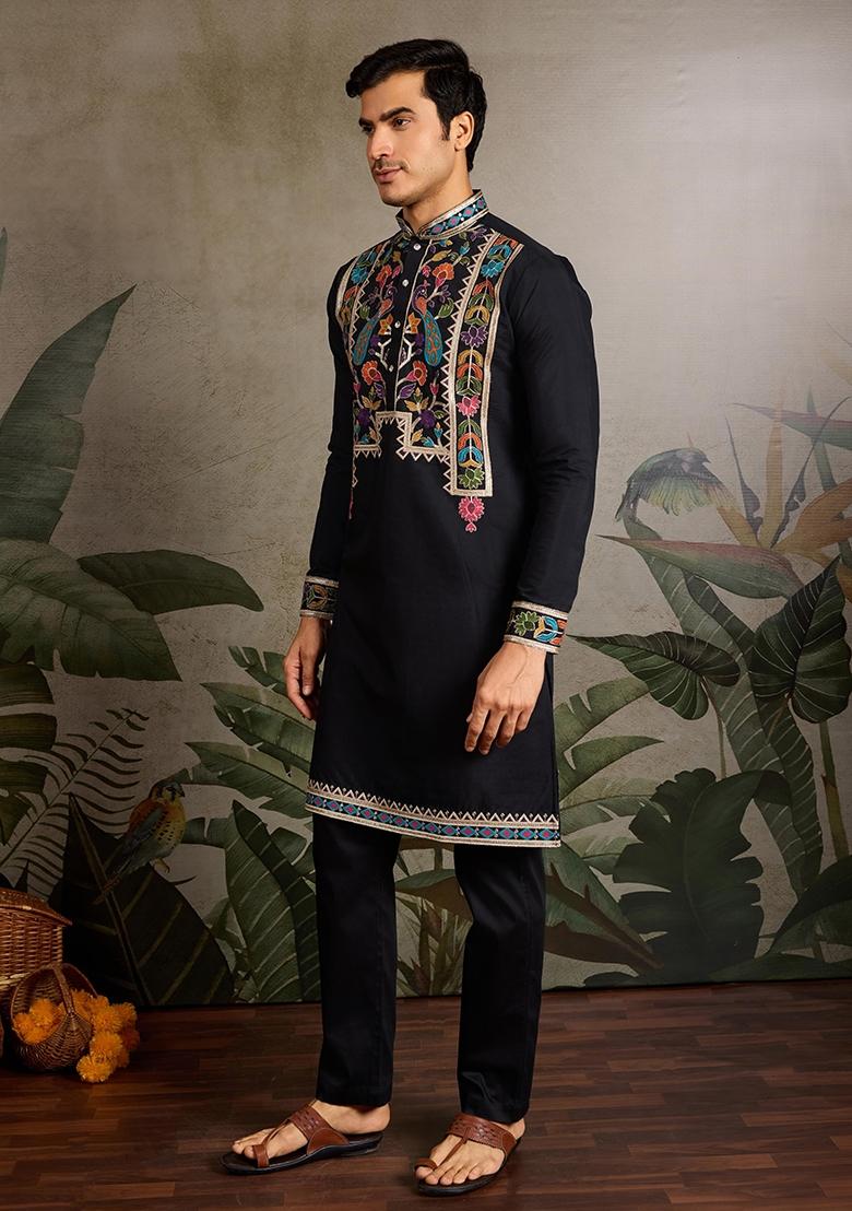 Black Embroidered Viscose Silk Kurta Set For Men - Indya