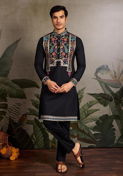 Black Embroidered Viscose Silk Kurta Set For Men