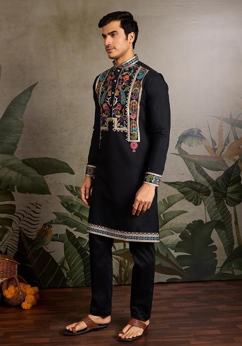 Black Embroidered Viscose Silk Kurta Set For Men
