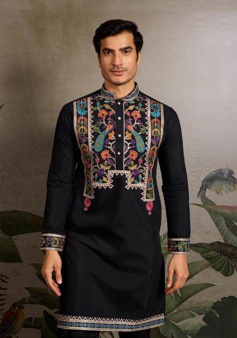 Black Embroidered Viscose Silk Kurta Set For Men