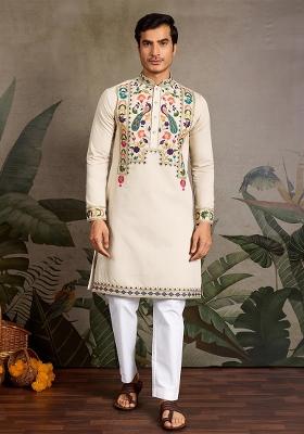 Beige Embroidered Viscose Silk Kurta Set For Men
