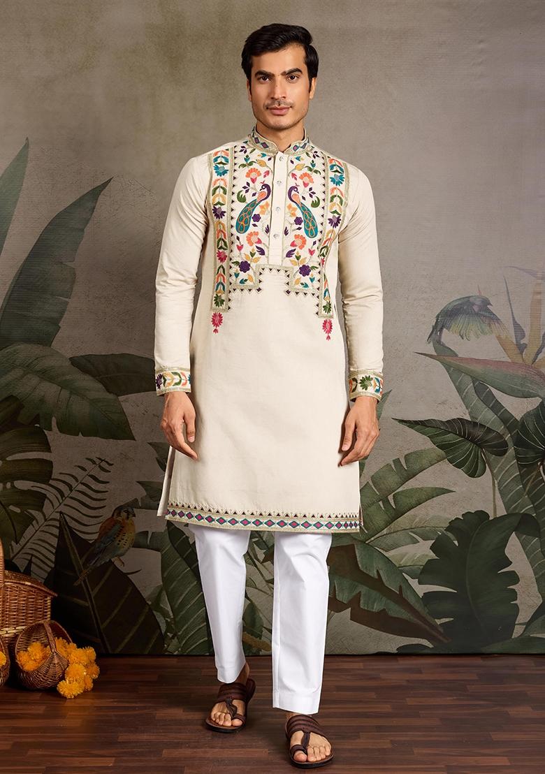 Beige Embroidered Viscose Silk Kurta Set For Men