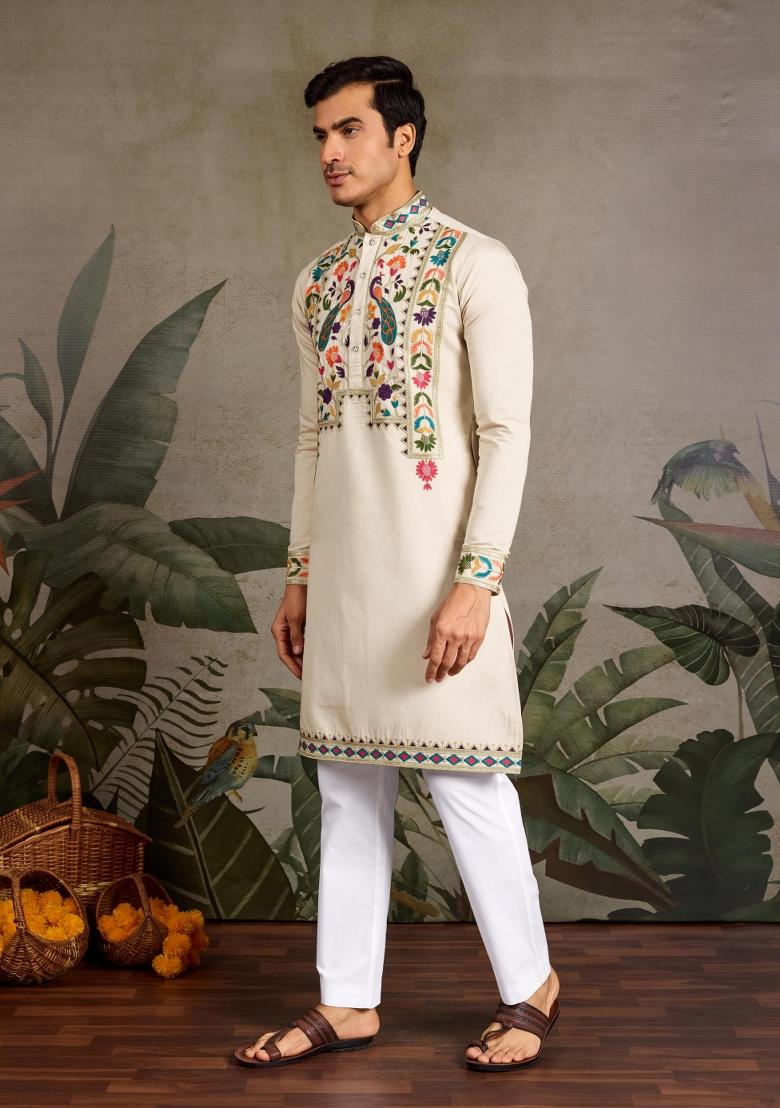 Beige Embroidered Viscose Silk Kurta Set For Men