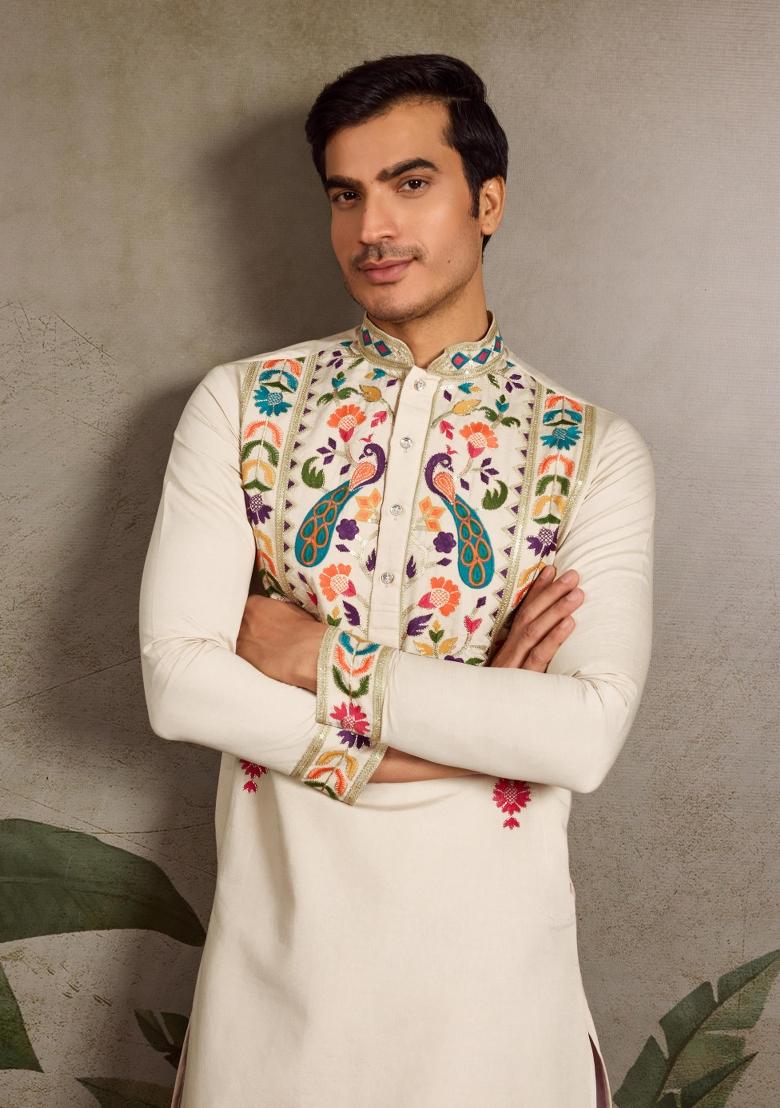 Beige Embroidered Viscose Silk Kurta Set For Men - Indya