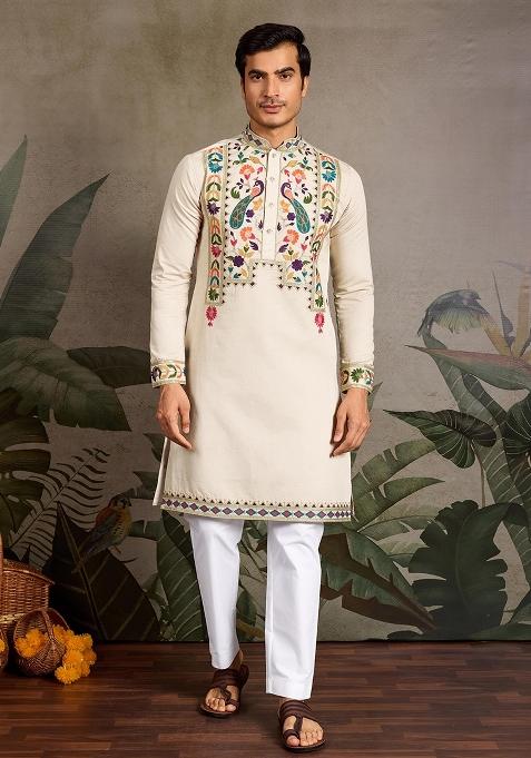 Beige Embroidered Viscose Silk Kurta Set For Men