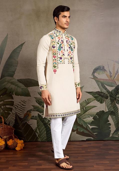 Beige Embroidered Viscose Silk Kurta Set For Men
