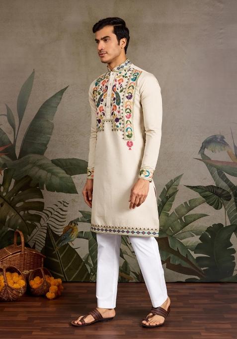 Beige Embroidered Viscose Silk Kurta Set For Men