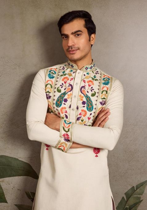 Beige Embroidered Viscose Silk Kurta Set For Men