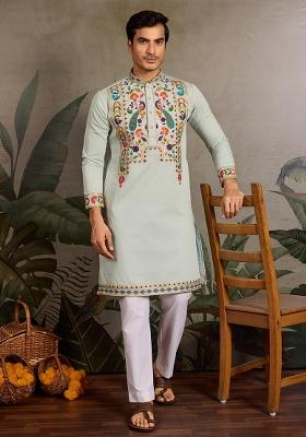Pista Embroidered Viscose Silk Kurta Set For Men