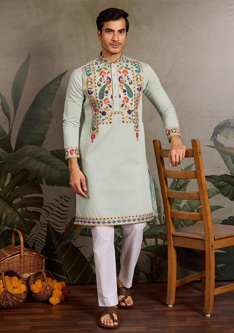 Pista Embroidered Viscose Silk Kurta Set For Men - Indya