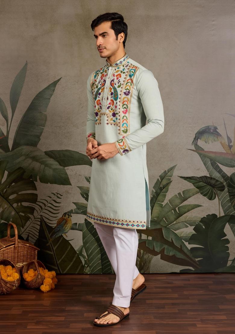 Pista Embroidered Viscose Silk Kurta Set For Men - Indya