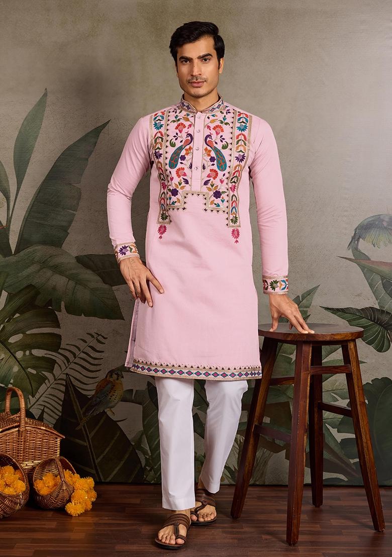Pink Embroidered Viscose Silk Kurta Set For Men