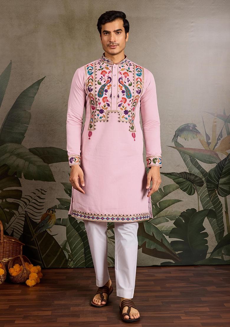 Pink Embroidered Viscose Silk Kurta Set For Men - Indya
