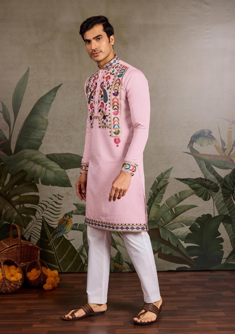 Pink Embroidered Viscose Silk Kurta Set For Men
