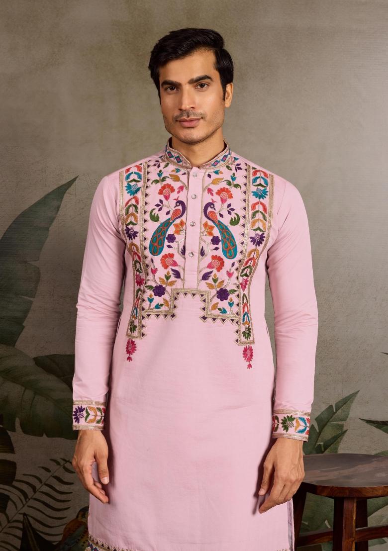 Pink Embroidered Viscose Silk Kurta Set For Men - Indya