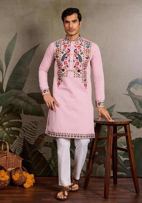 Pink Embroidered Viscose Silk Kurta Set For Men