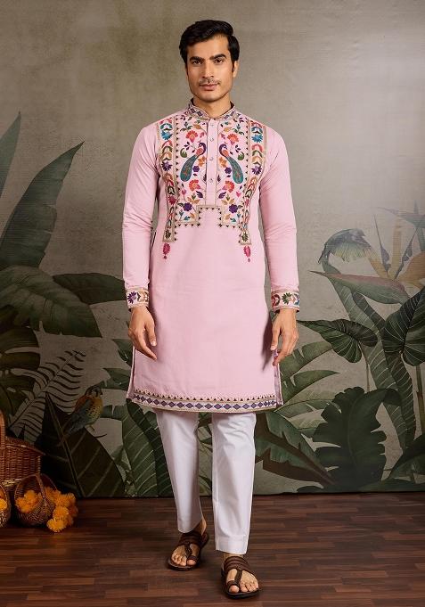 Pink Embroidered Viscose Silk Kurta Set For Men