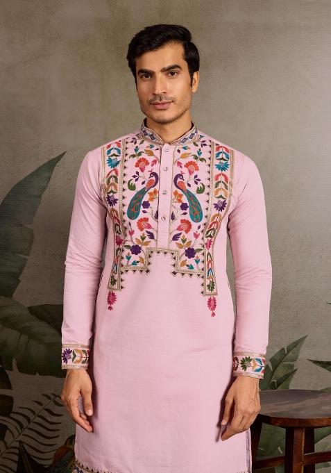 Pink Embroidered Viscose Silk Kurta Set For Men