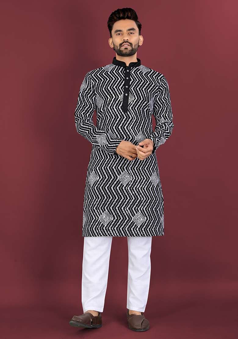 Black Embroidered Silk Blend Kurta Set For Men - Indya