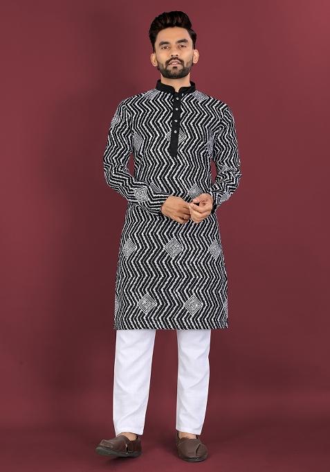 Black Embroidered Silk Kurta Set For Men