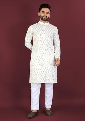 Off White Embroidered Silk Kurta Set For Men