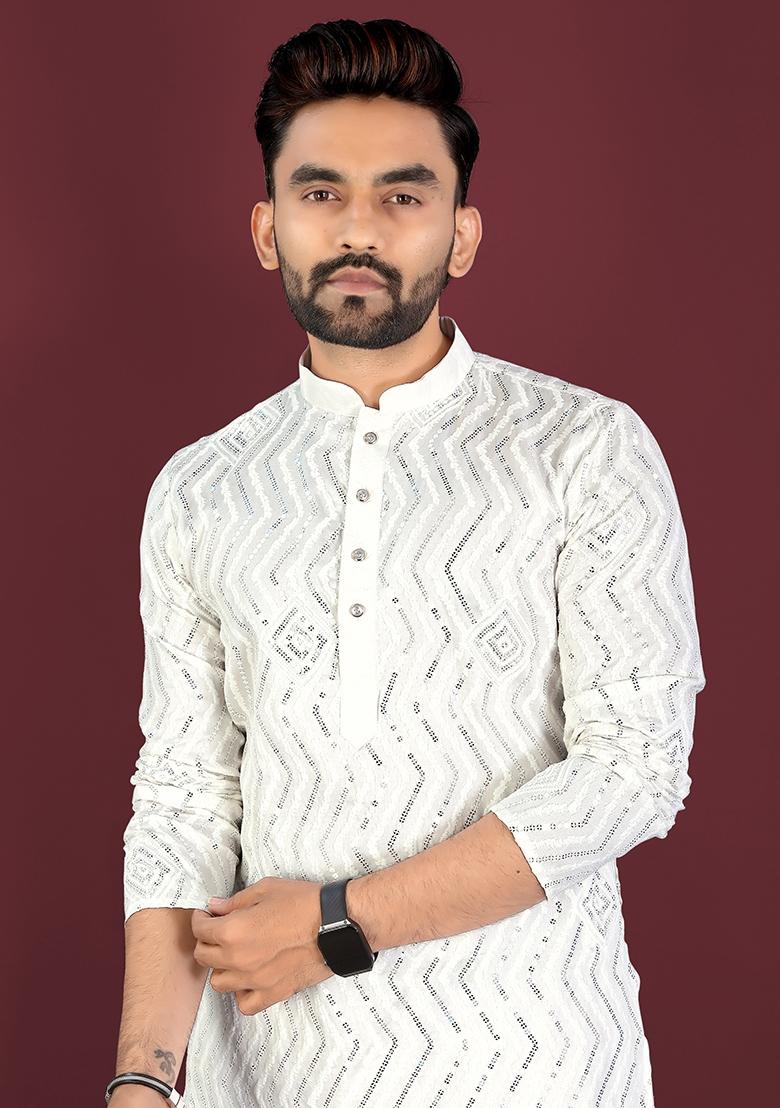 Off White Embroidered Silk Kurta Set For Men - Indya