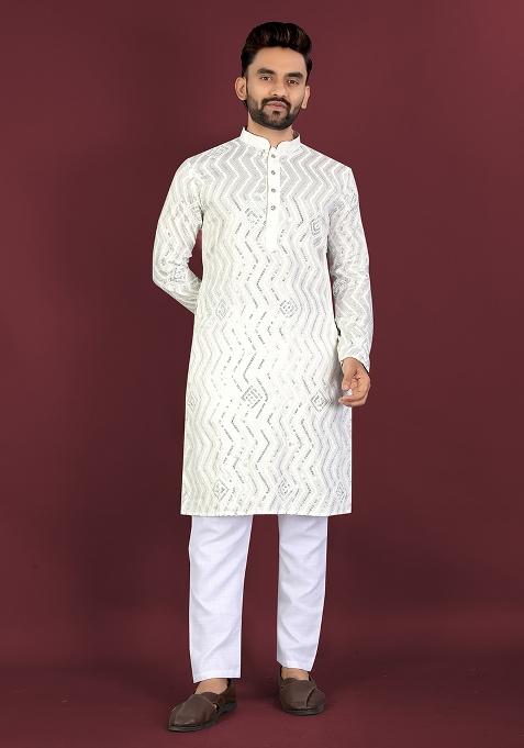 Off White Embroidered Silk Kurta Set For Men