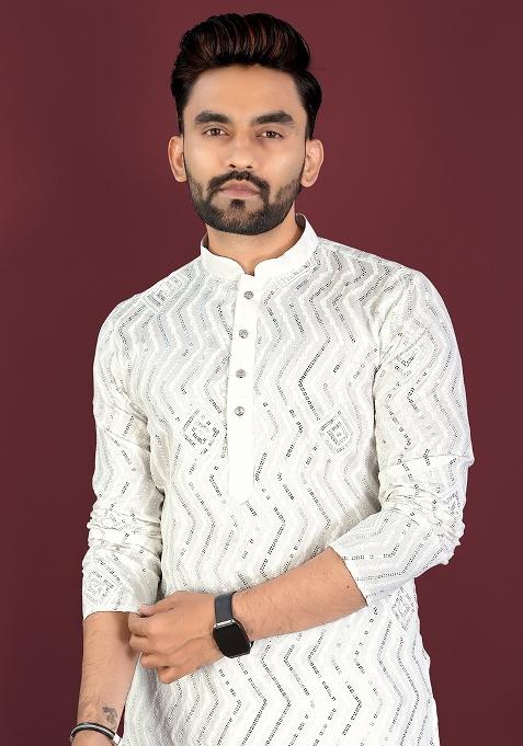 Off White Embroidered Silk Kurta Set For Men