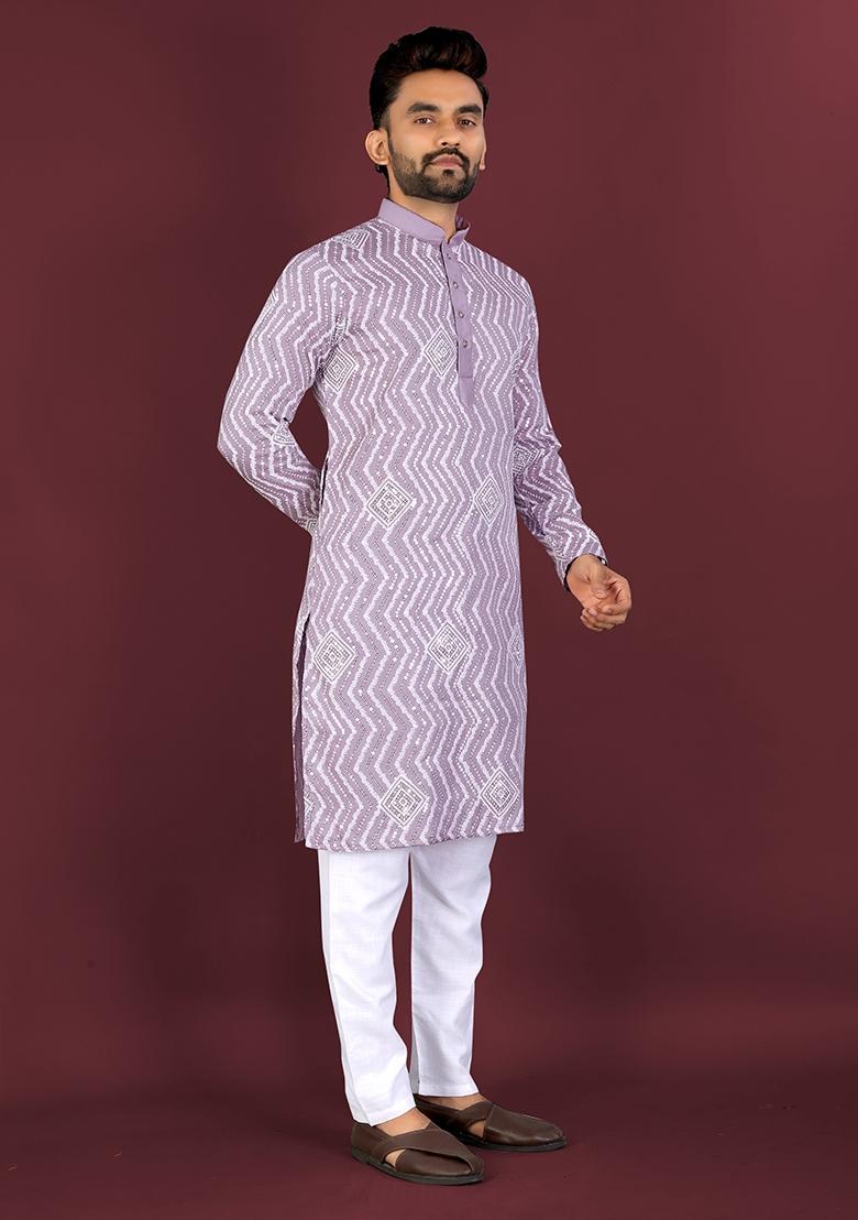 Lavender Embroidered Silk Kurta Set For Men - Indya