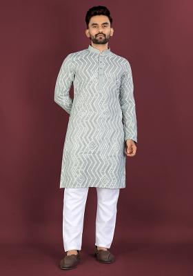 Pista Embroidered Silk Kurta Set For Men