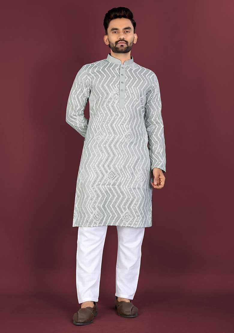 Pista Embroidered Silk Blend Kurta Set For Men - Indya