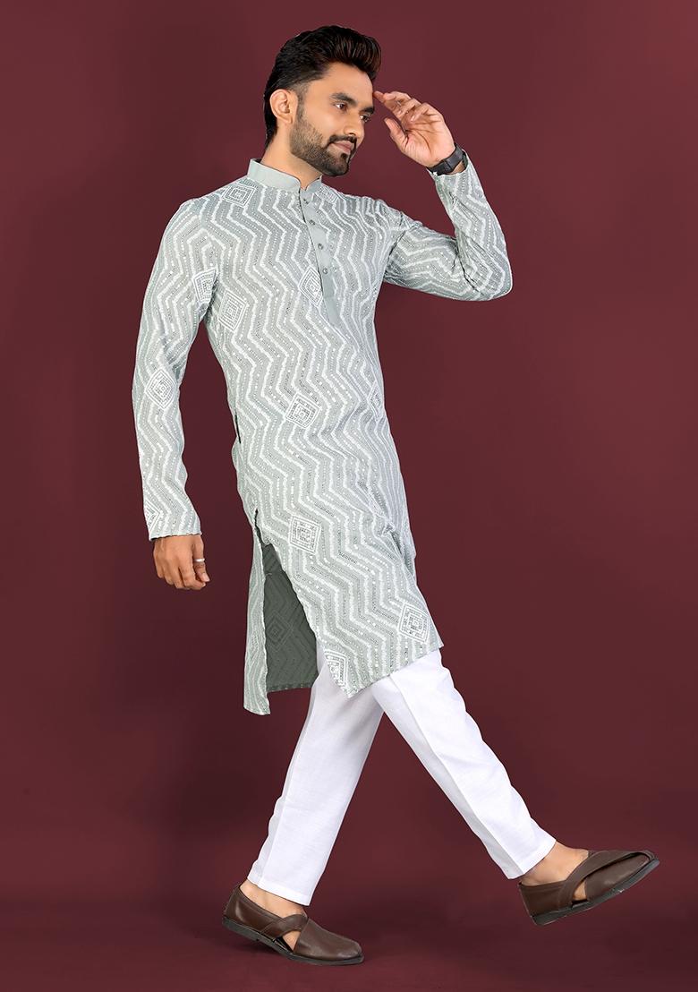 Pista Embroidered Silk Kurta Set For Men - Indya