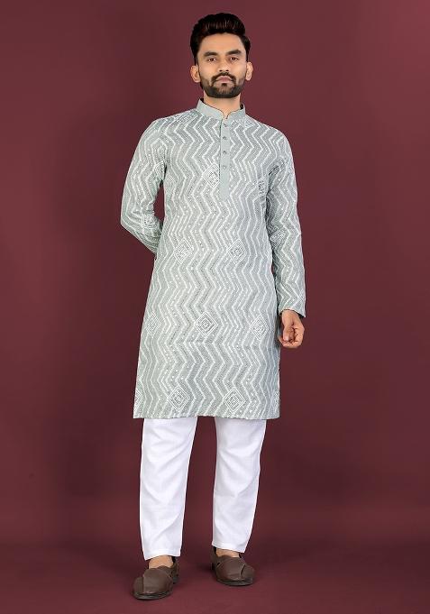 Pista Embroidered Silk Kurta Set For Men