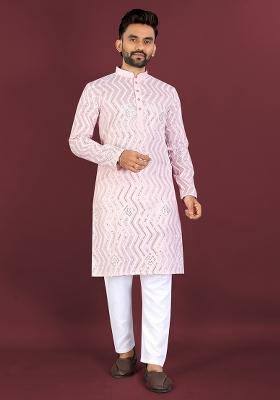 Beige Embroidered Silk Kurta Set For Men