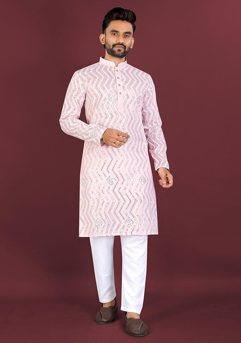 Beige Embroidered Silk Kurta Set For Men